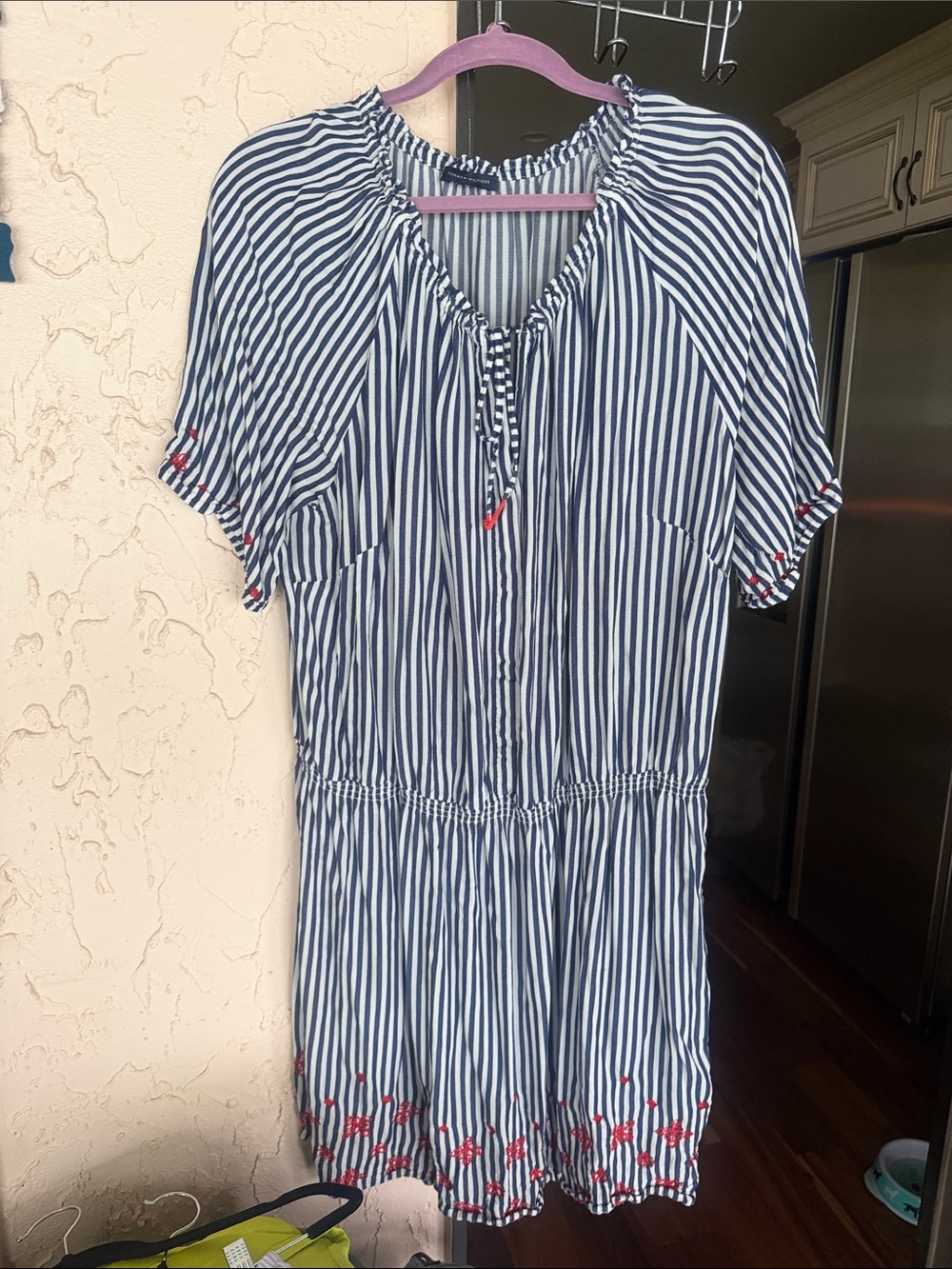Tommy Hilfiger Navy and White Striped Top with Pink Accent